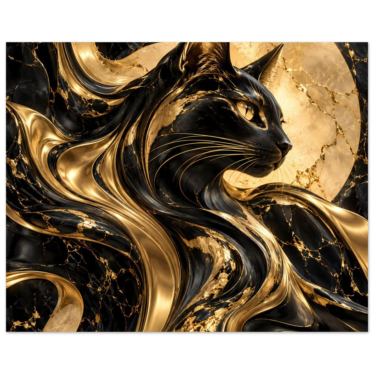 Poster mit abstrakter Katze in Gold und Schwarz, ruhiges Seitenprofil, querformat