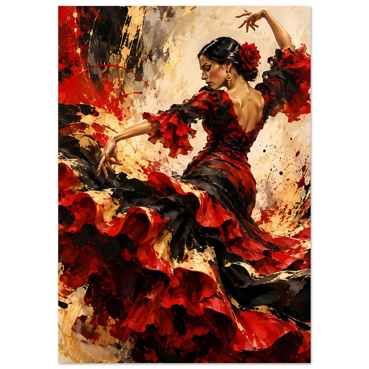 Poster: Flamenco-Tänzerin in Rot und Schwarz, Arm erhoben, wehender Rock