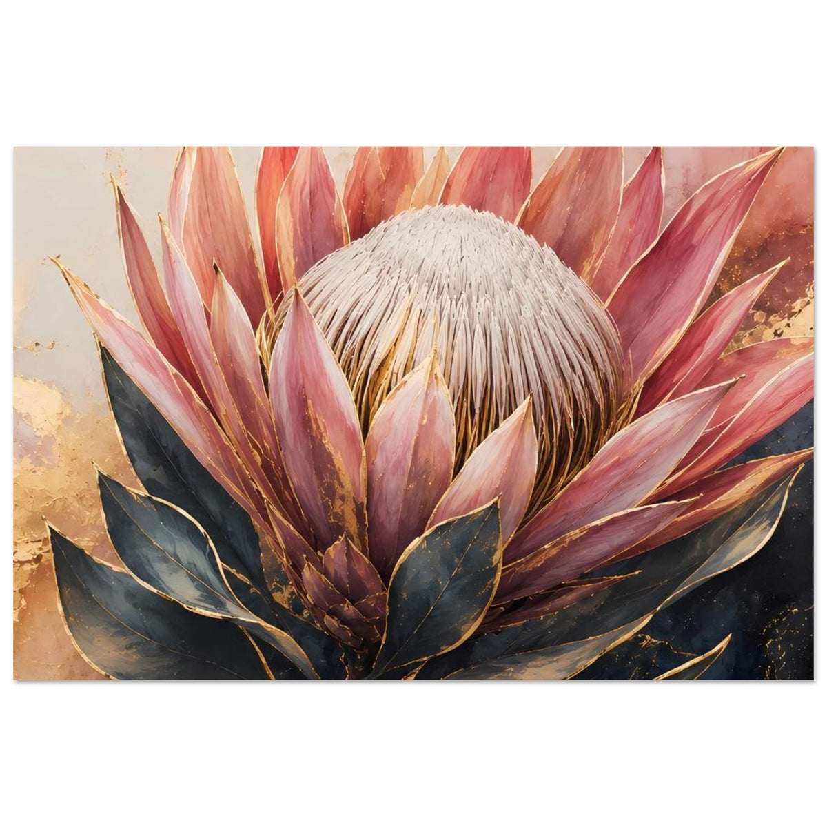 Botanisches Poster mit Königsprotea: altrosa Blütenstände, goldfarbene Akzente, weißer Kopf
