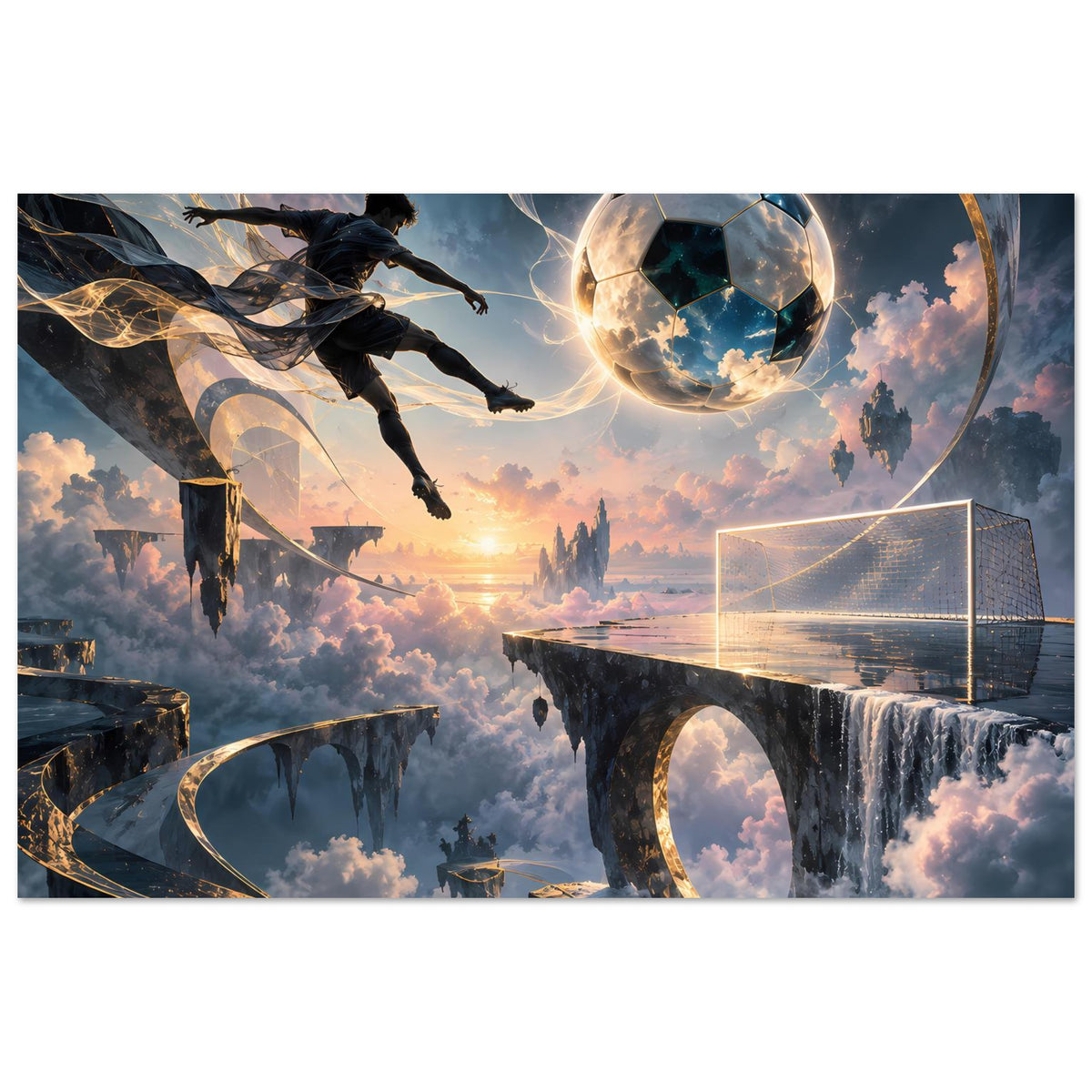 Fußballposter mit schwebendem Ball, Torrahmen und Athletenszene über Wolkenlandschaft