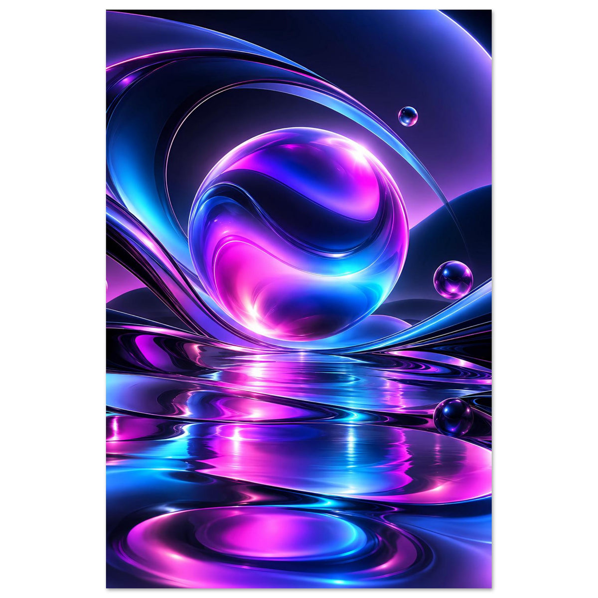 Abstraktes Neonlicht-Poster im Hochformat: zentrale Kugel, Lichtschlangen und Reflexionen in Blau/Violett