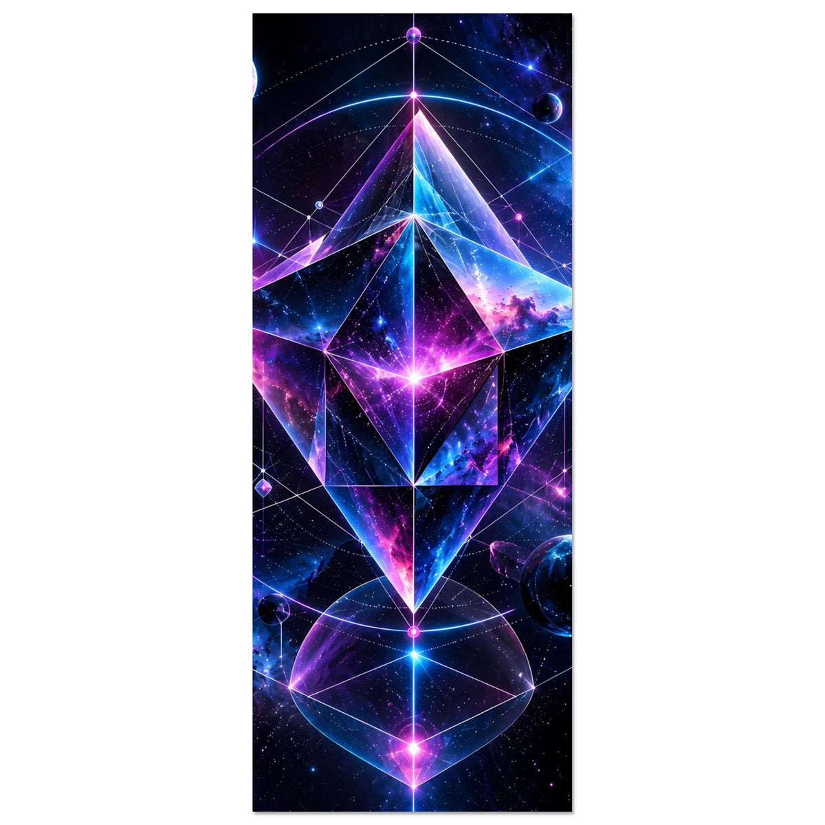 Hochformat-Poster mit Cosmic-Geometry-Motiv: dreieckiger Stern, Planeten und Linien