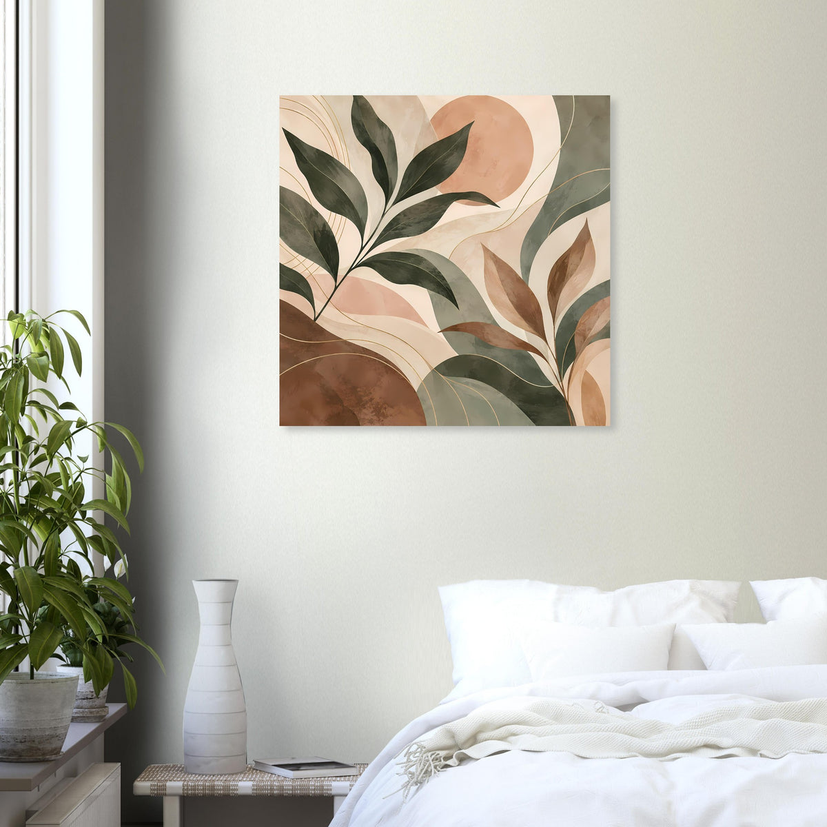 Quadratisches Kunstposter mit Blattornamenten in dunklem Grün, Creme und Braun