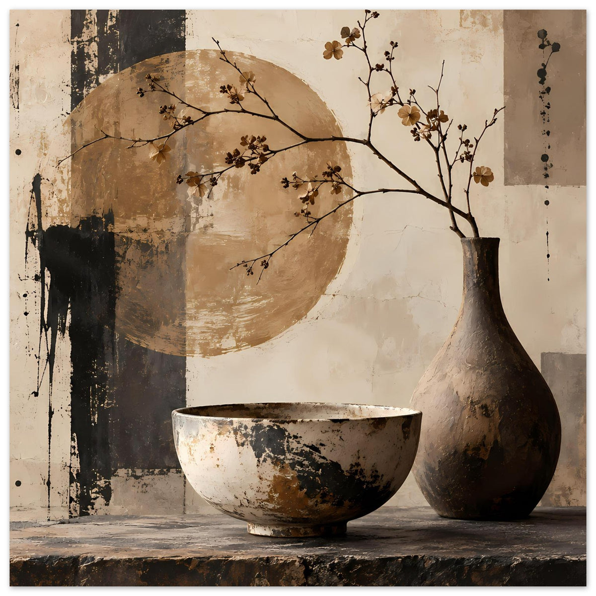 Still-Life-Poster in Erdtönen: schwarze Vase, Schale und Blütenzweige auf Leinwandoptik