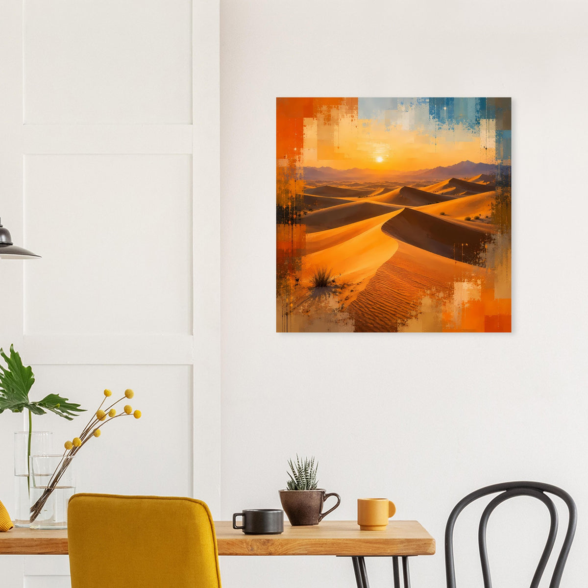 Poster mit Dünen im Sonnenuntergang, orangefarbener Himmel und kühle Blautöne
