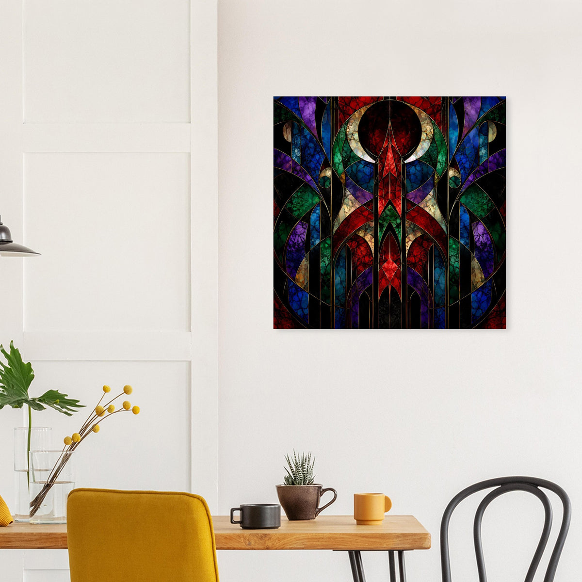 Quadratisches Art-déco-Poster mit farbenfrohem geometrischem Buntglas-Mosaik