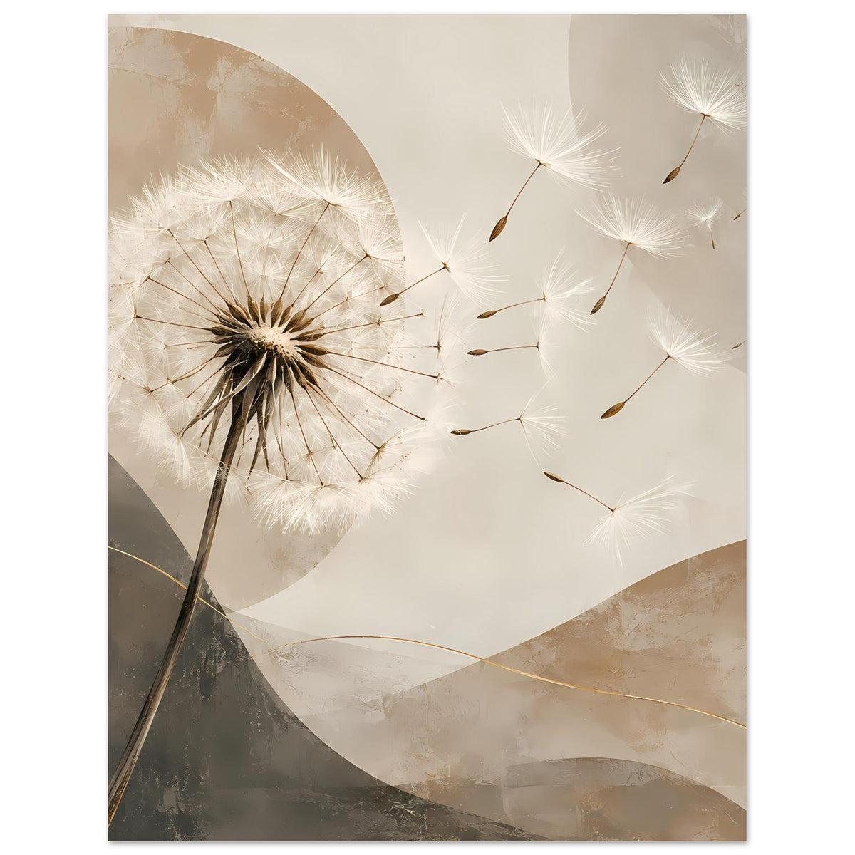 Wandposter mit Löwenzahn-Samenblüte, hellen Pusteblumen und beigen grau-grauen Formen