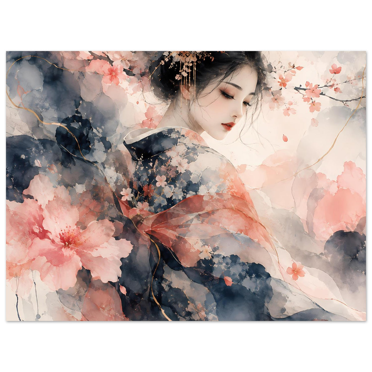 Querformat-Poster mit Aquarellmotiv: ruhige Frau, Kirschblüten, Blau und Rosa