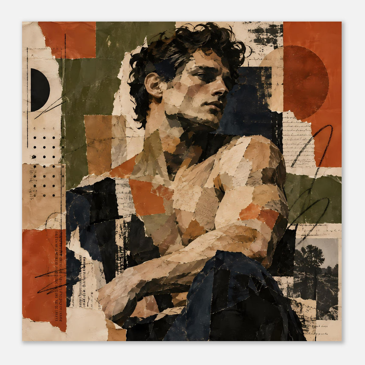 Kunstposter mit Vintage-Collage-Porträt in warmen Erdtönen, quadratischer Zuschnitt.