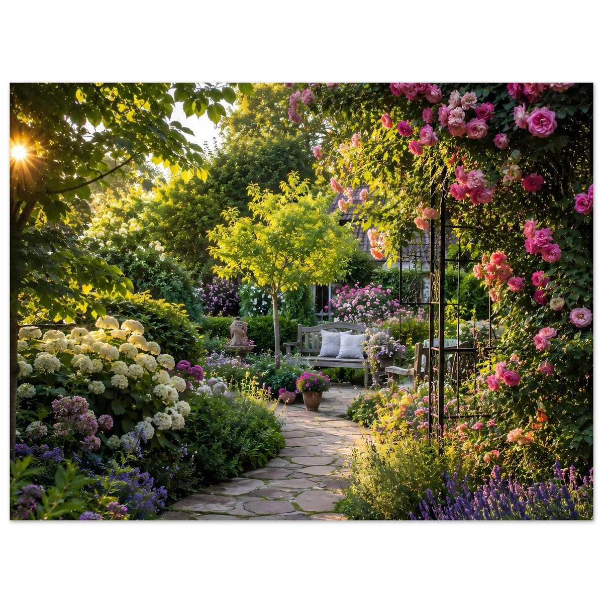 Gartenweg-Poster mit üppigem Blütenbeet, rosa Rosen am Rankbogen