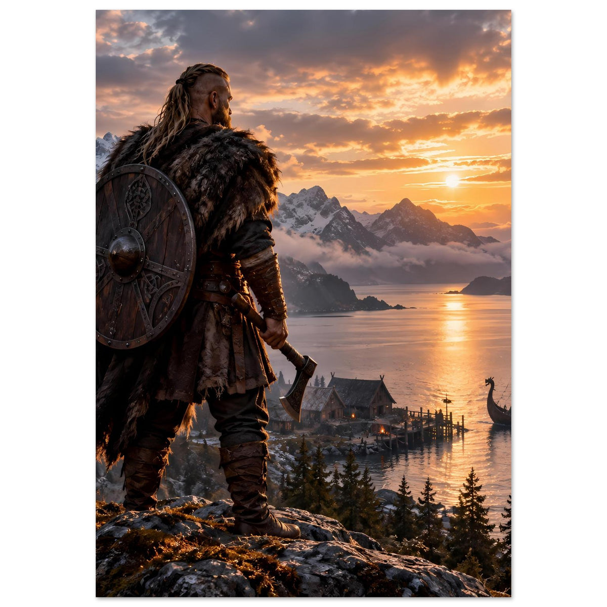 Vikingerposter, vertikal: Krieger mit Rundschild vor Fjord und Bergkulisse