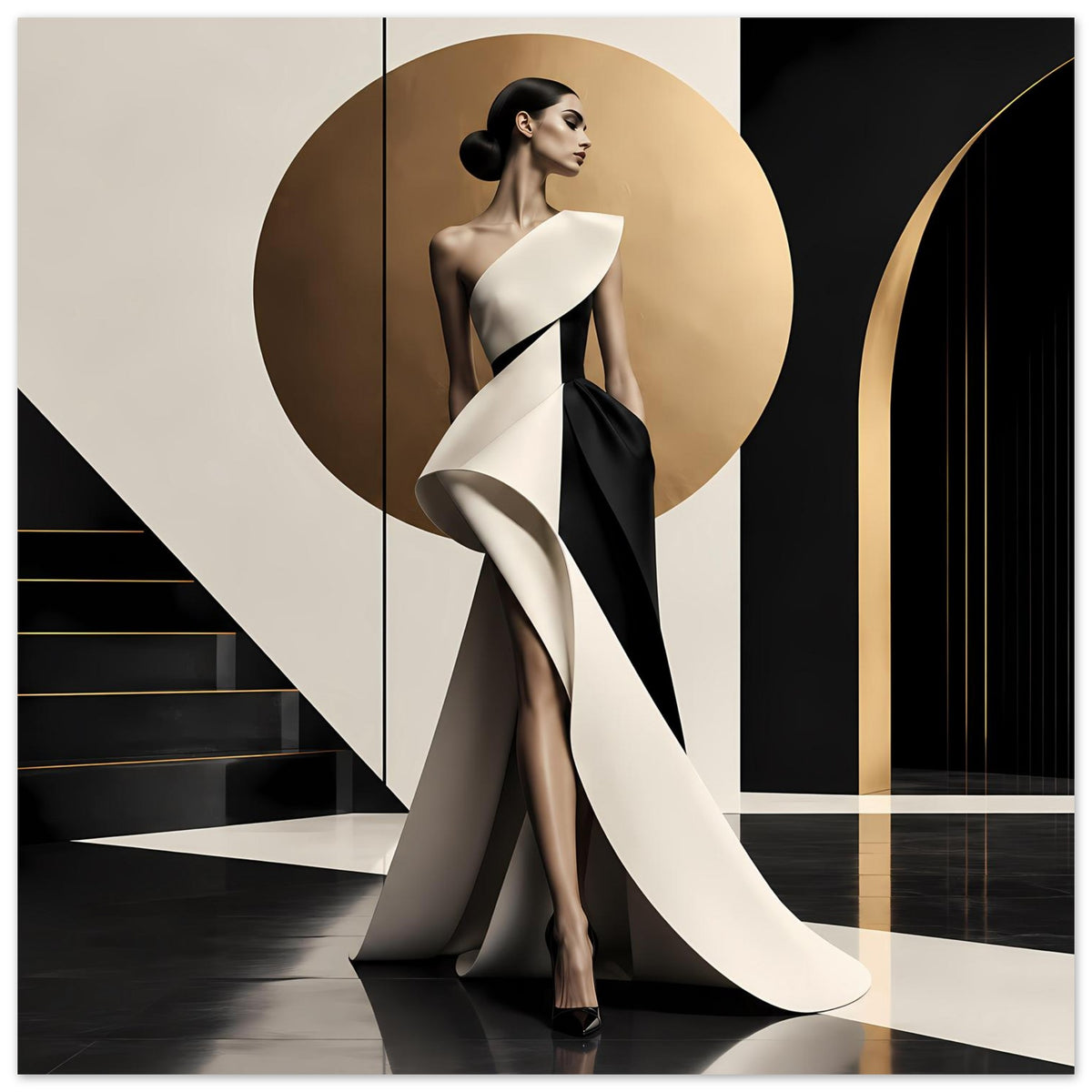 Fashion-Poster mit Frau in Schwarz-Weiß, weißes Kleid über schwarzem Kontraststoff, seitlicher Blick
