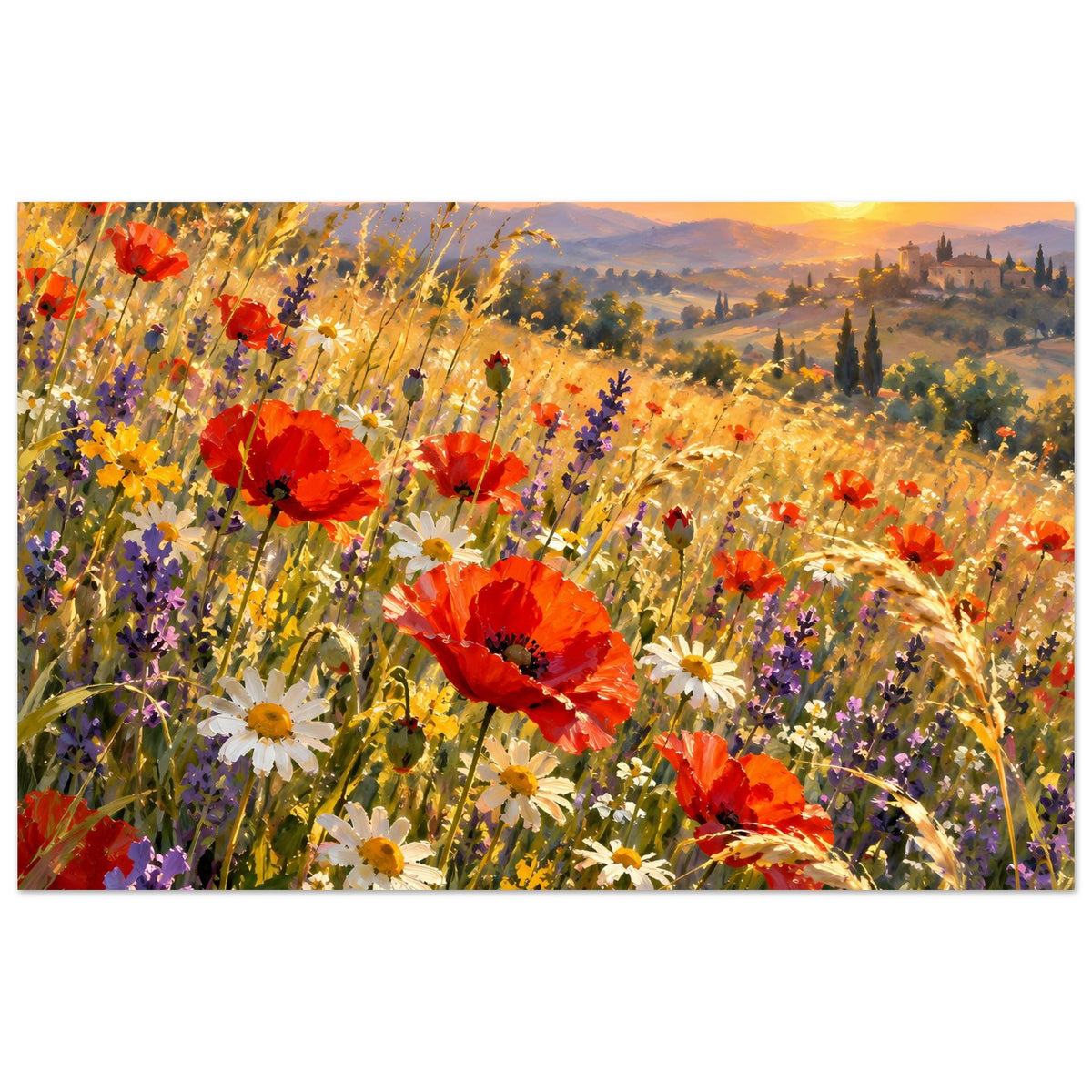 Poster mit Blumenwiese und roten Mohnblüten bei goldenem Sonnenuntergang