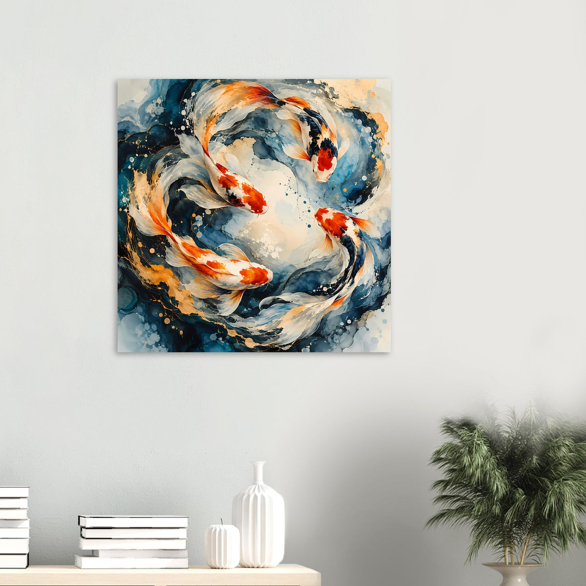 Kleines Koi-Fisch-Poster mit Wasserwirbel, Blau und Orange, zentriertes Motiv