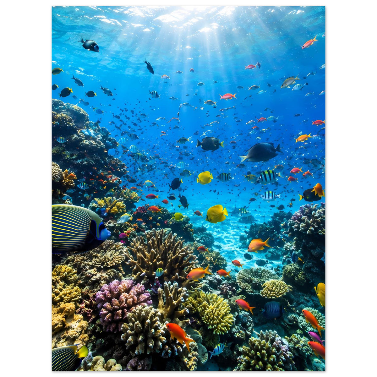 Korallenriff-Poster mit Tropenfischen im Schwarm und farbigem Korallenriff im Meer