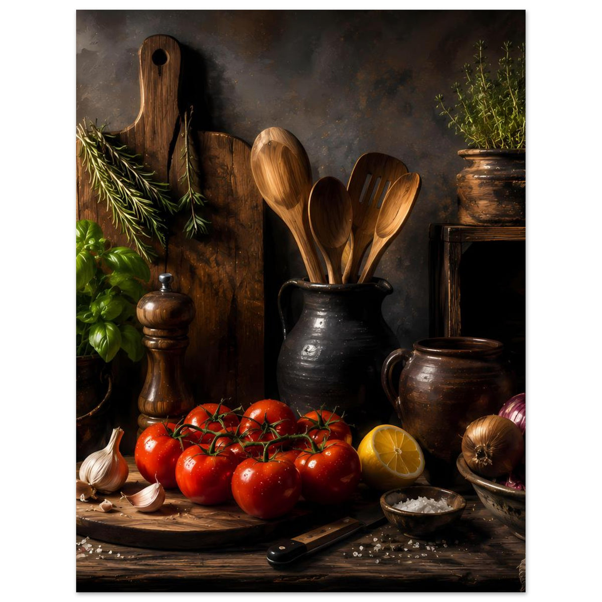 Poster mit Küchenstillleben: Tomaten, Zwiebeln, Holzlöffel im Keramikgefäß und Kräuter