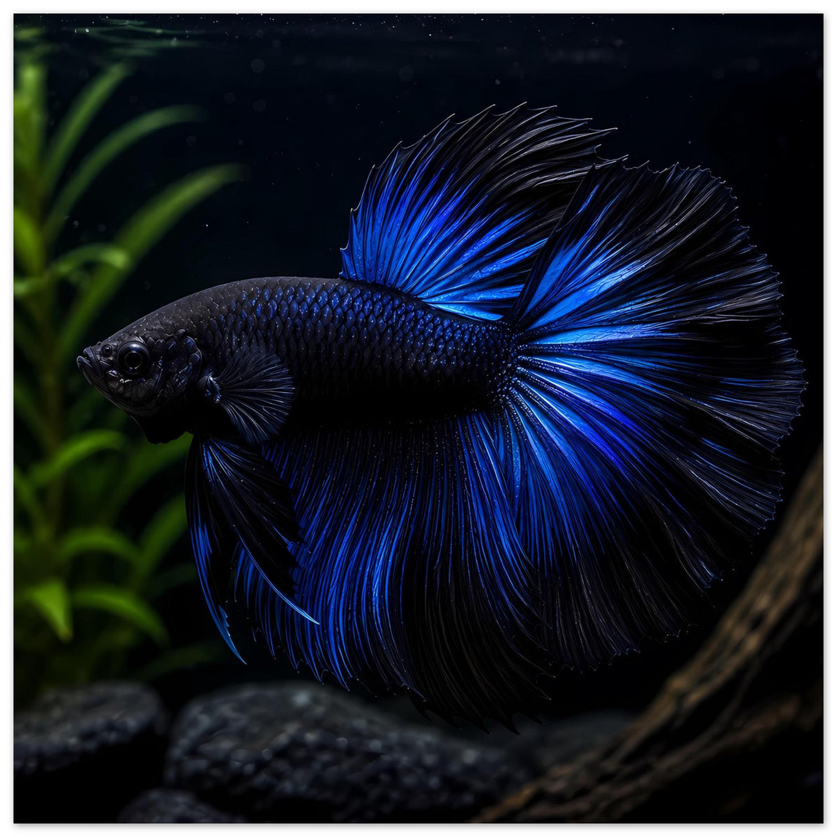 Poster mit blauem Betta-Kampffisch, mittig mit sichtbarem Kopf und Schwanzflosse