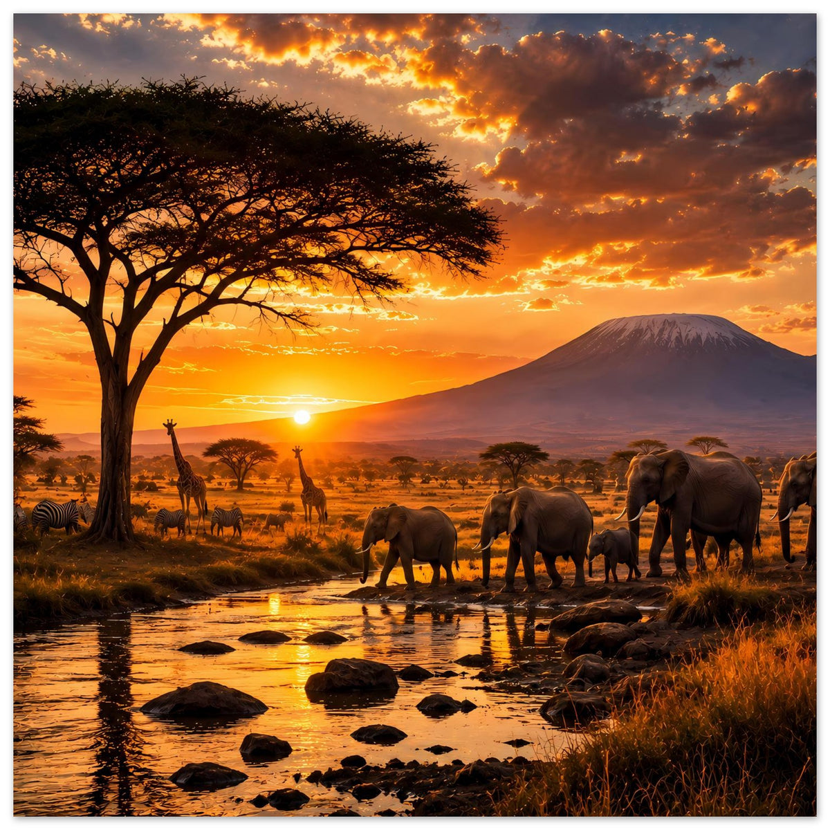 Afrika-Safari-Poster mit Elefanten am Fluss, Akazie links und Berg bei Sonnenuntergang.
