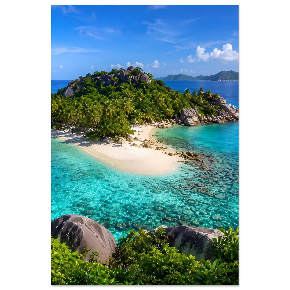Tropeninsel-Strand Poster im Hochformat mit Küste, Felsen und türkisfarbener Bucht