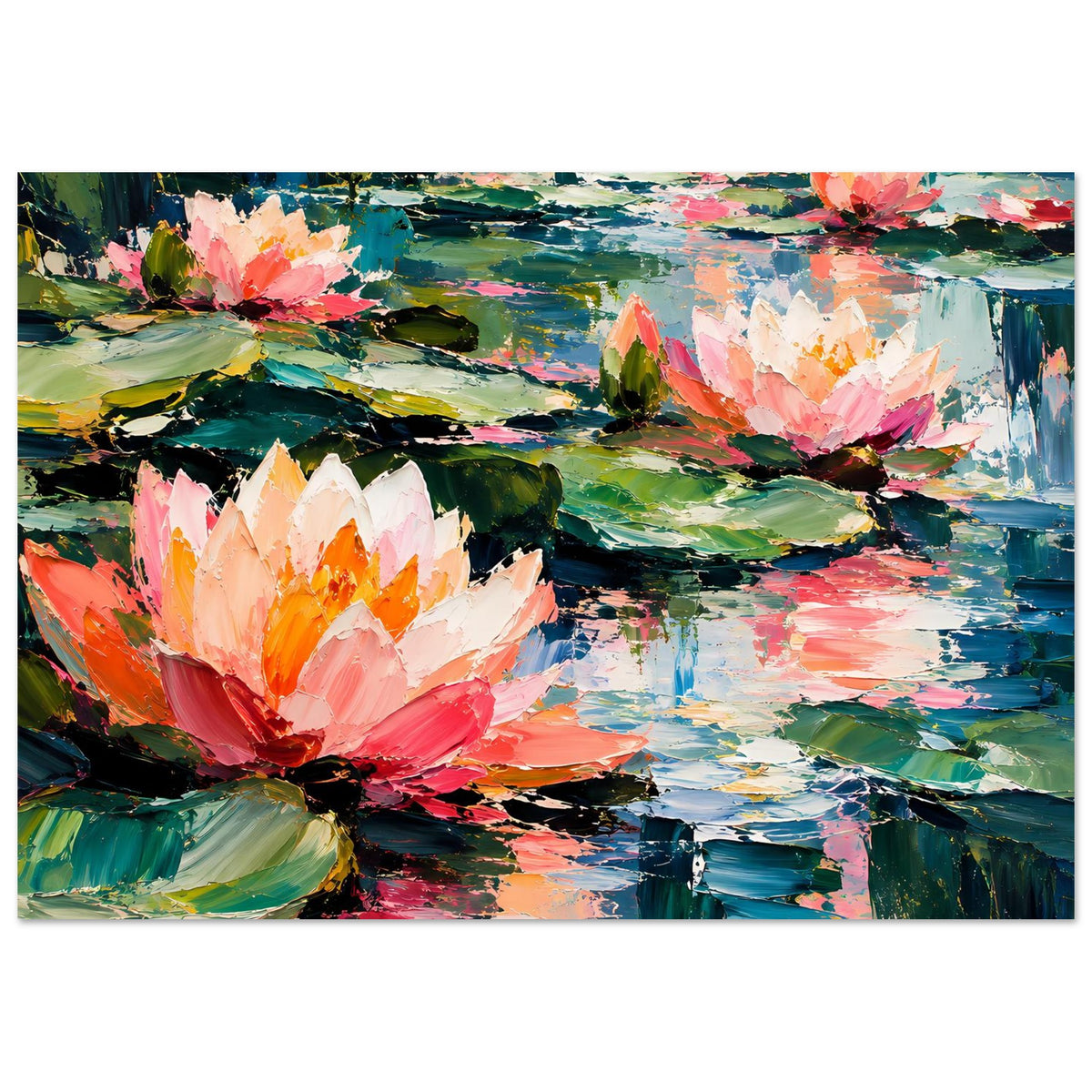 Seerosen-Poster im Querformat: farbige Pinselstriche, pinke Blüten und spiegelndes Wasser