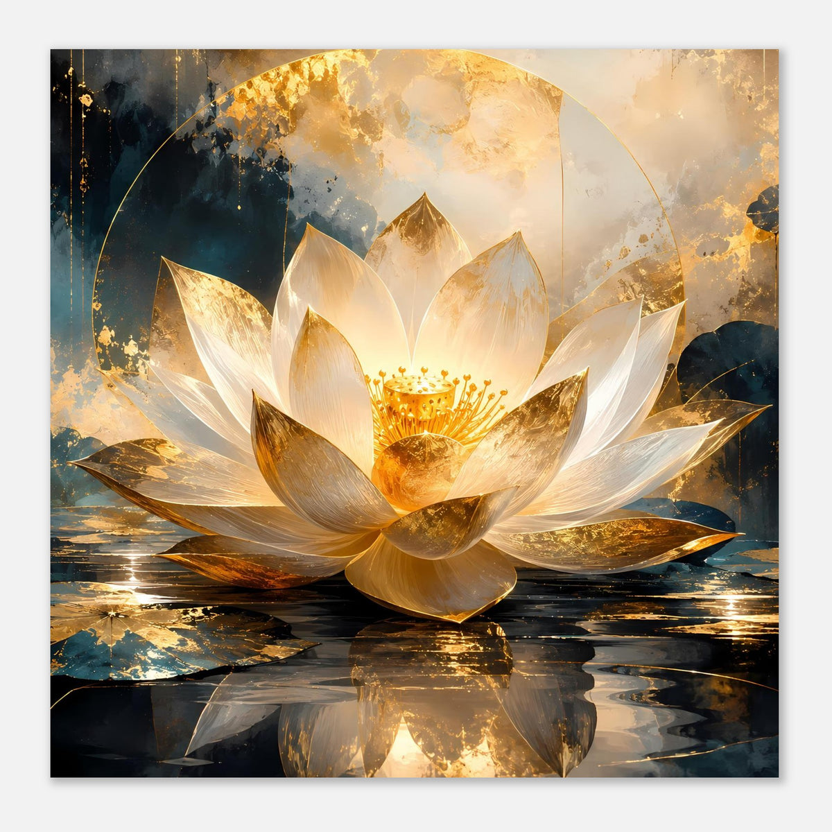 Lotusblüten-Kunstposter mit goldweißer Blüte, ausgebreiteten Blütenblättern und Spiegelung
