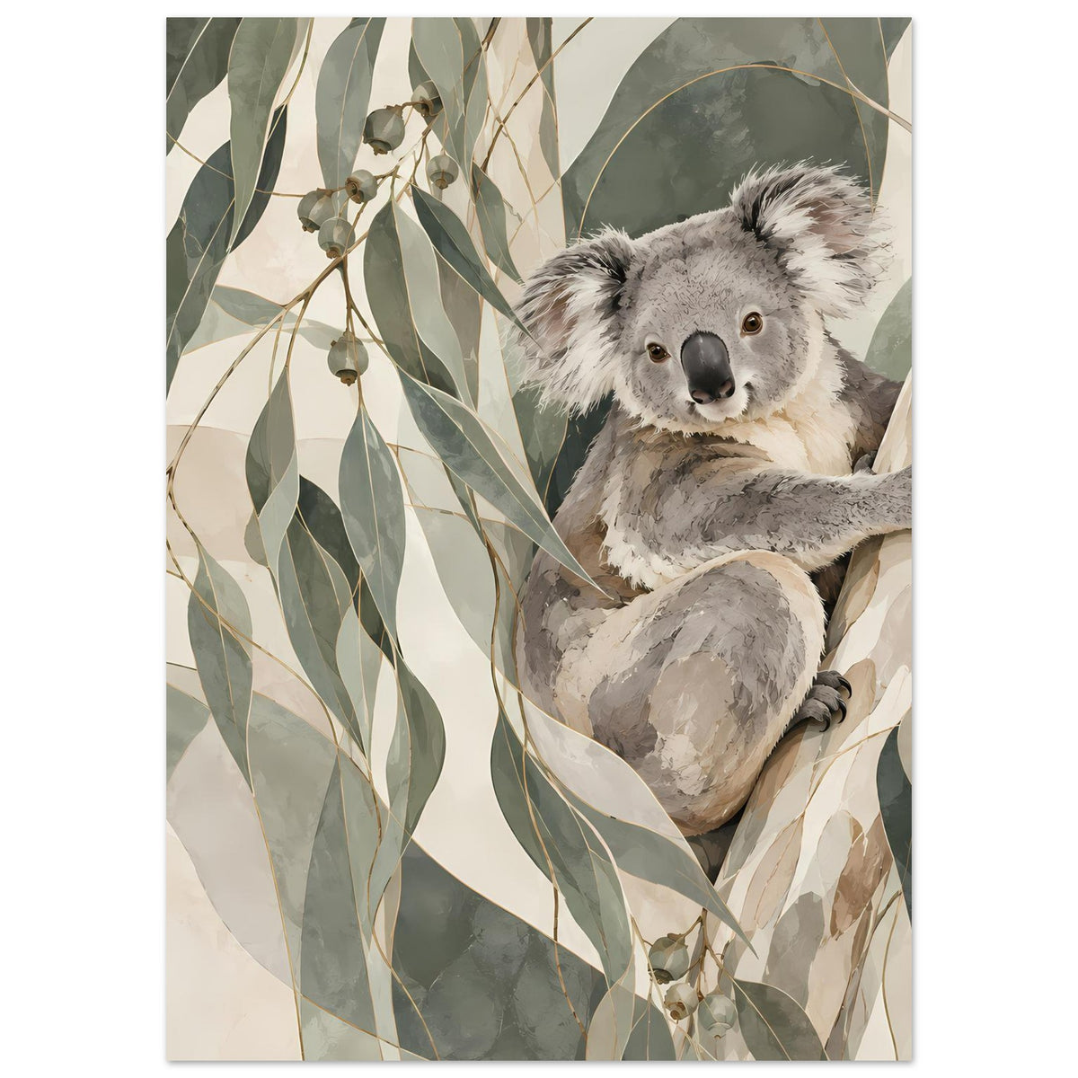 Koala-Porträtposter im Hochformat mit grauem Koala und grünen Blattzweigen