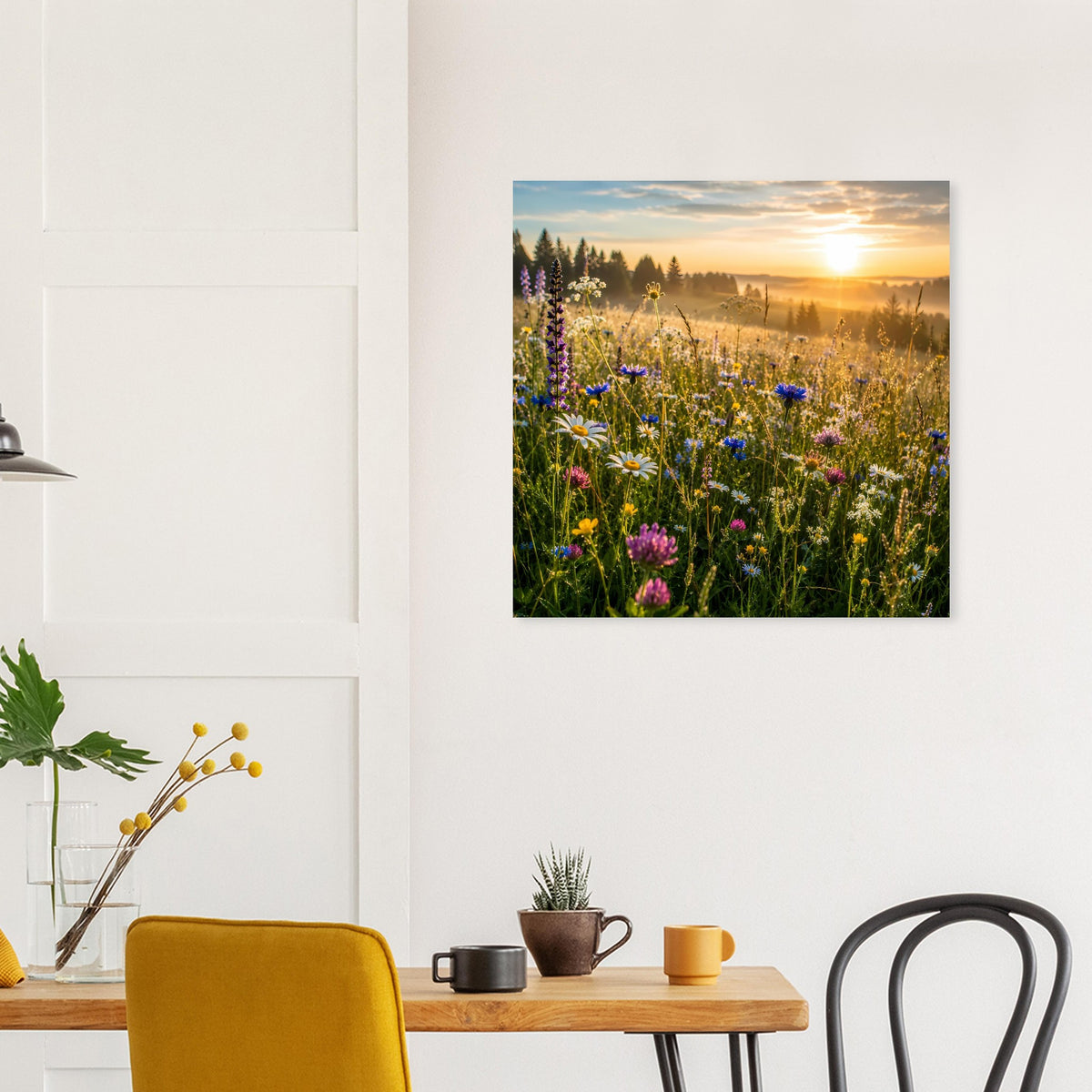 Quadratisches Poster der Wildblumenwiese mit Sonnenaufgang, im schwarzen Rahmen