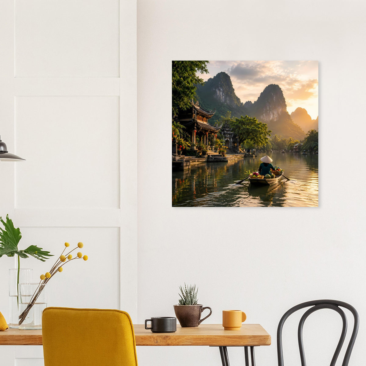 Wandposter mit Fluss und Ruderbooten, Pagoden am Ufer und warmem Abendlicht