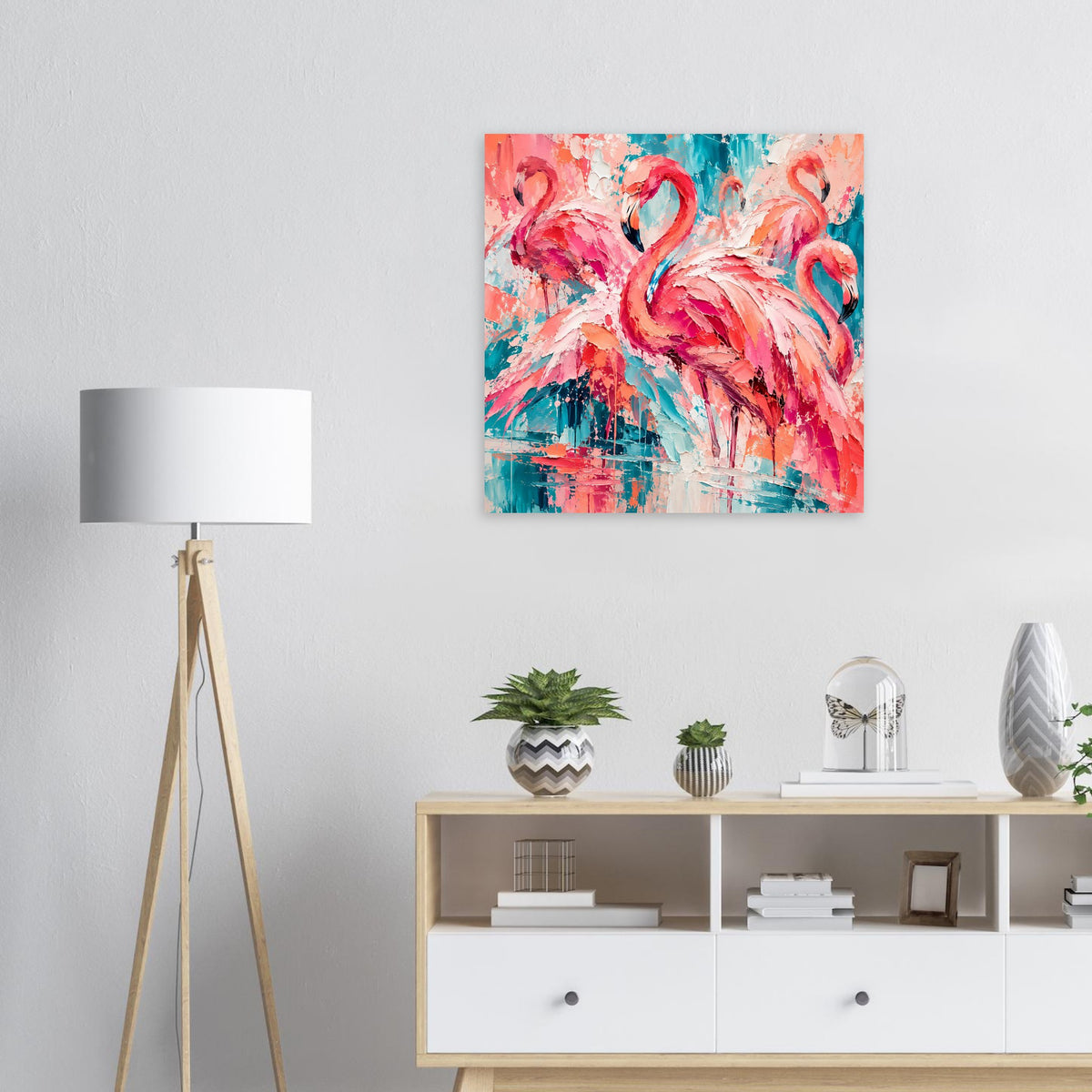 Flamingo-Kunstposter mit pinkem und türkisfarbenem Vogelmotiv, abstrakte Farbflächen