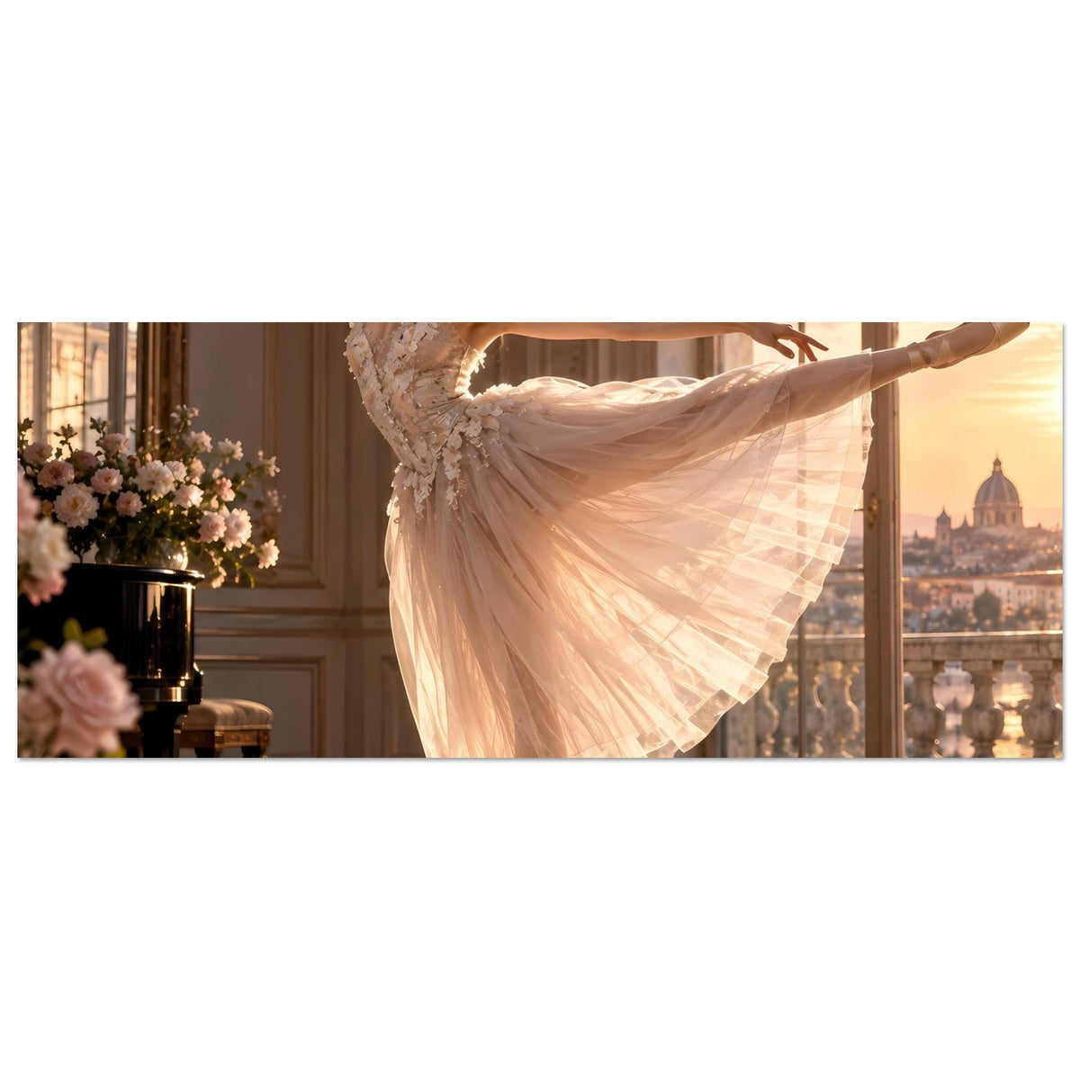 Poster: Ballerina im beigen Tutu, Fokus auf Rocksaum und Unterkörper in Arabesque