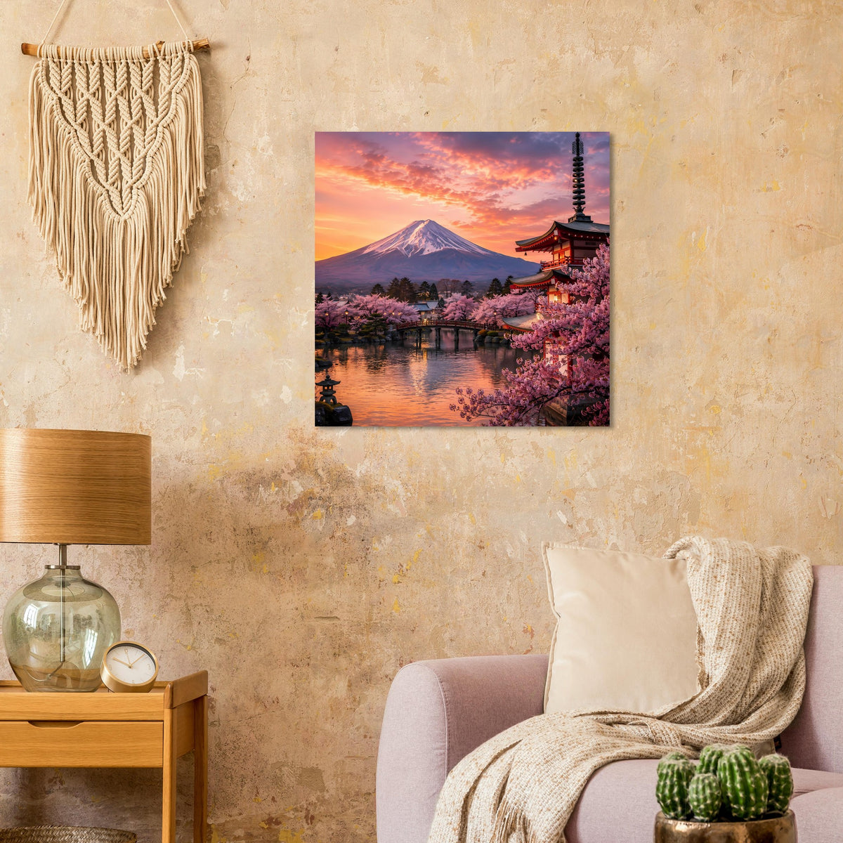 Quadratisches Poster mit Fuji, Kirschblüten und Pagode über ruhigem Wasser