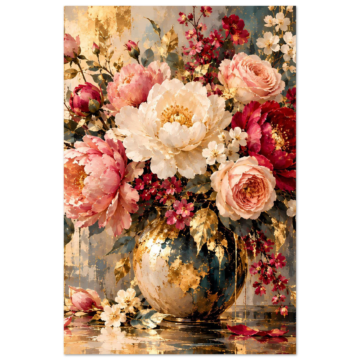 Blumenposter im Hochformat: Rosenstrauß in Vase, rosafarbene, rote und cremefarbene Blüten