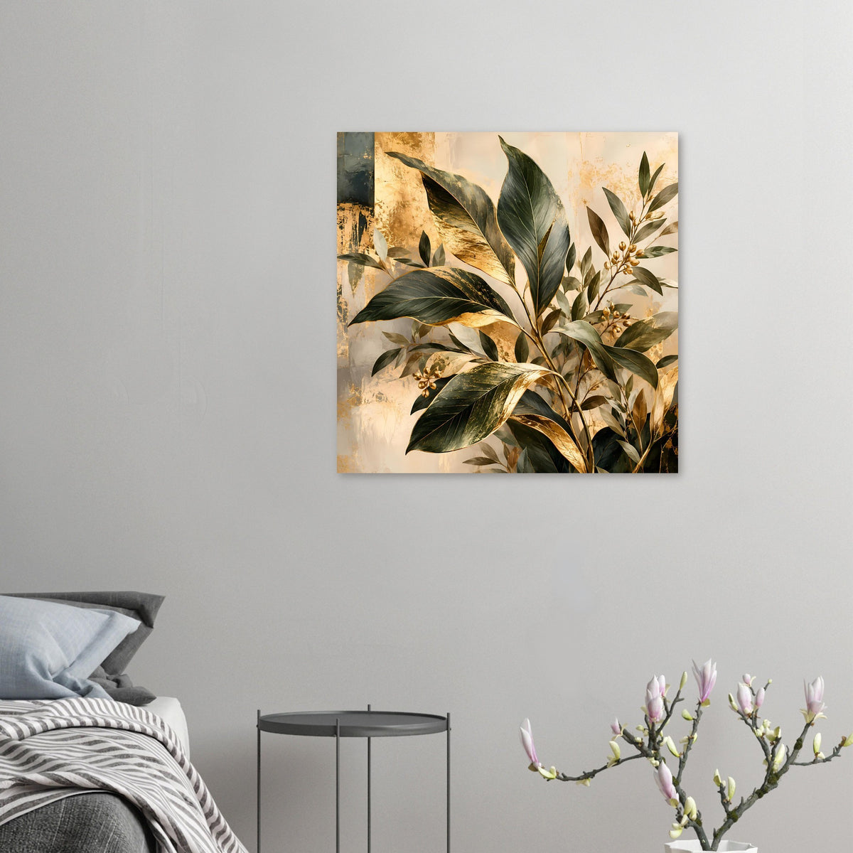 Quadratisches botanisches Poster mit goldenen Akzenten, grünen Blättern und Zweigen