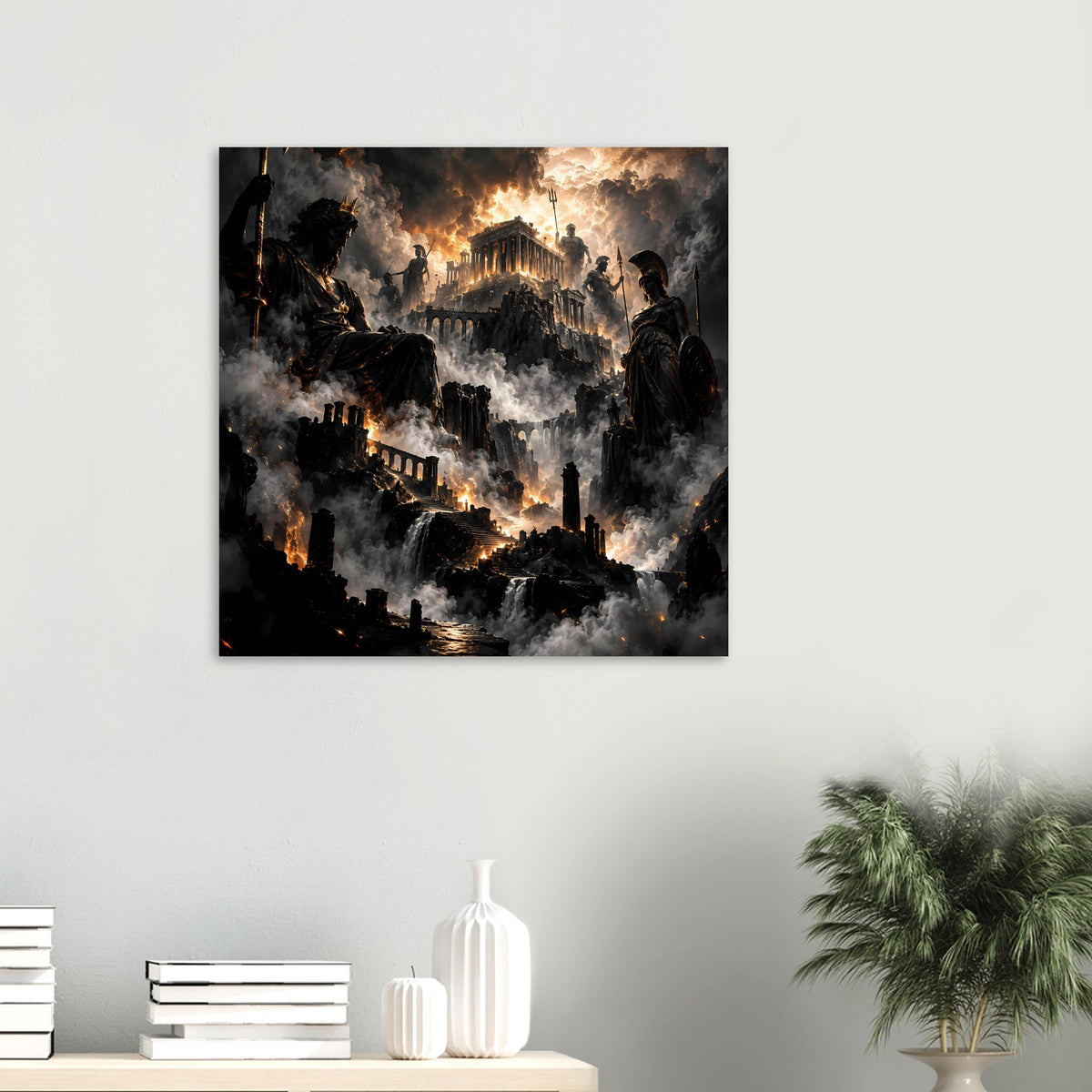 Kleines quadratisches Poster mit Ruinenfestung, Flammenlicht und Figuren im Rauch