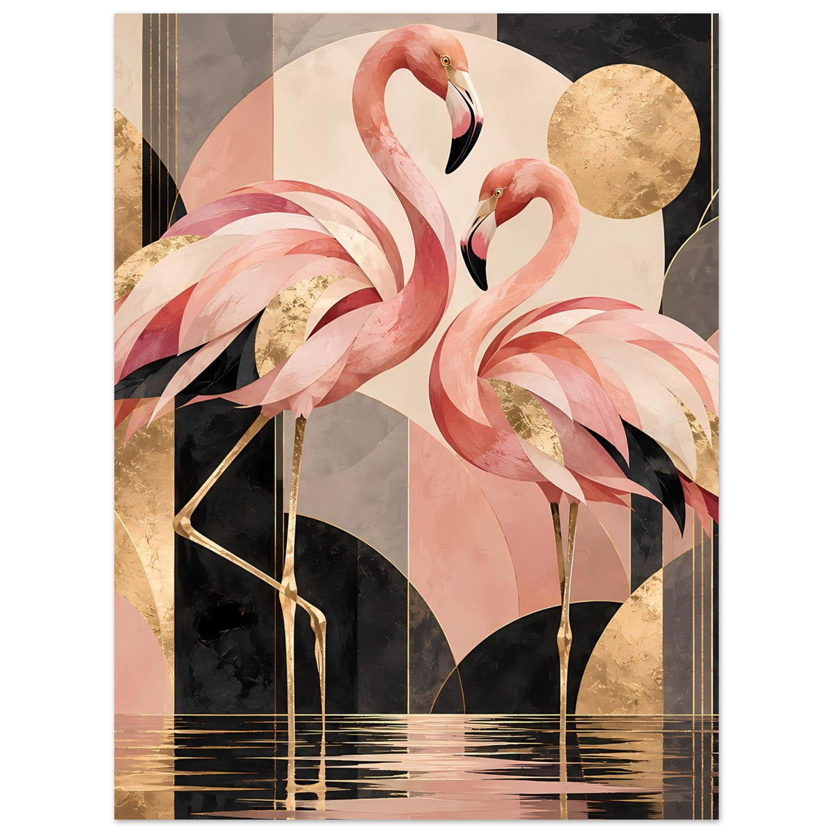 Zwei rosa Flamingos vor geometrischem Hintergrund mit Goldakzenten in Schwarz und Creme – Posteransicht 10