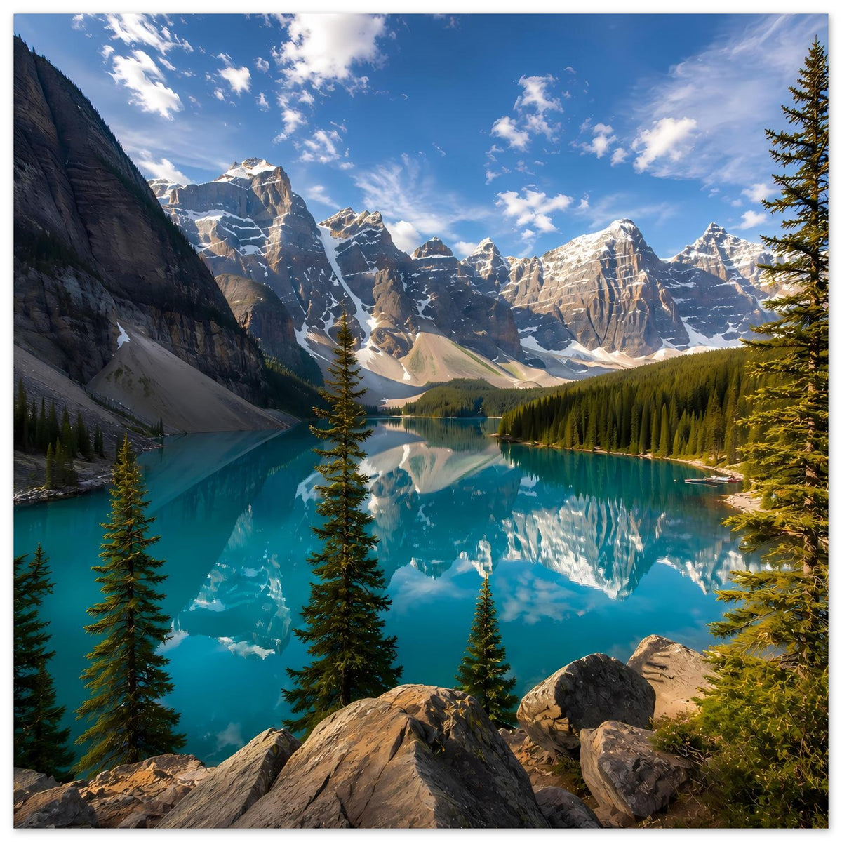 Landschaftsposter: türkisblauer Bergsee mit Spiegelbild, Fichtenwald, Felsen im Vordergrund, Alpen