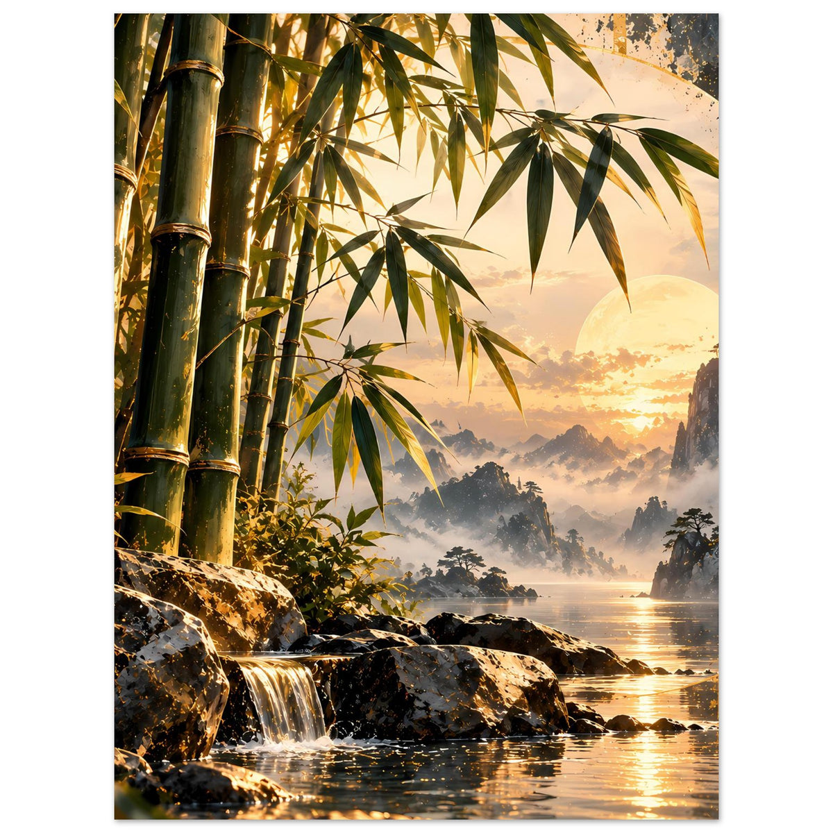 Poster im Hochformat: Bambuswald, Wasserfall und orangegelber Sonnenuntergang mit Bergen