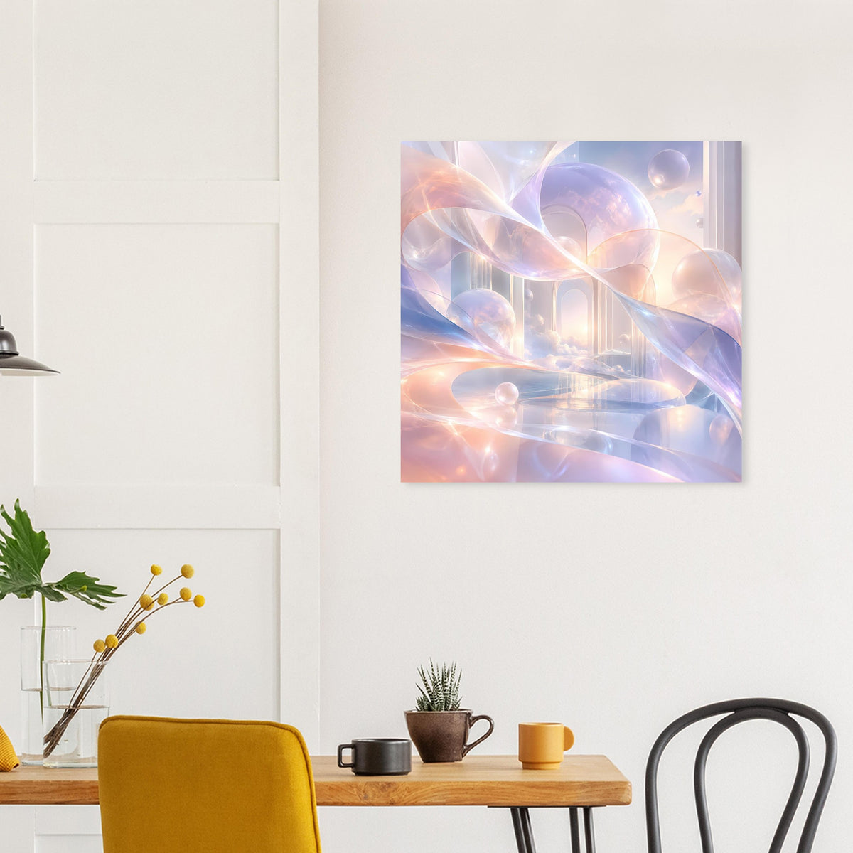 Quadratischer Kunstdruck mit sanften Pastelltönen und schwebenden, lichtdurchfluteten Formen