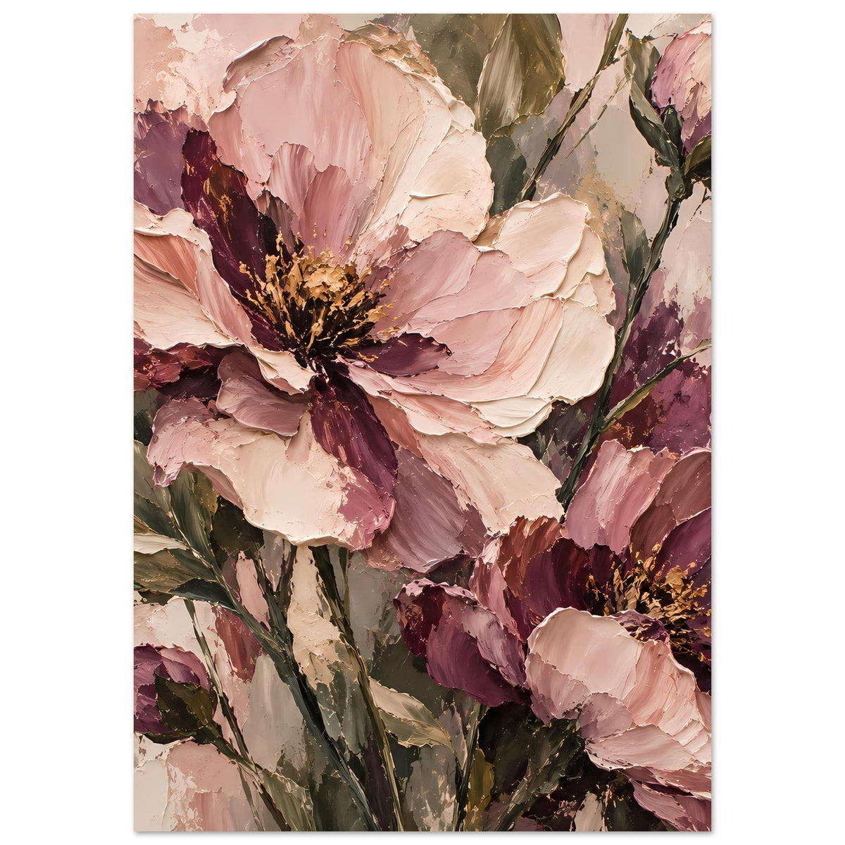 Poster mit abstrakter Blumenmalerei in Rosa-, Mauve- und Grüntönen