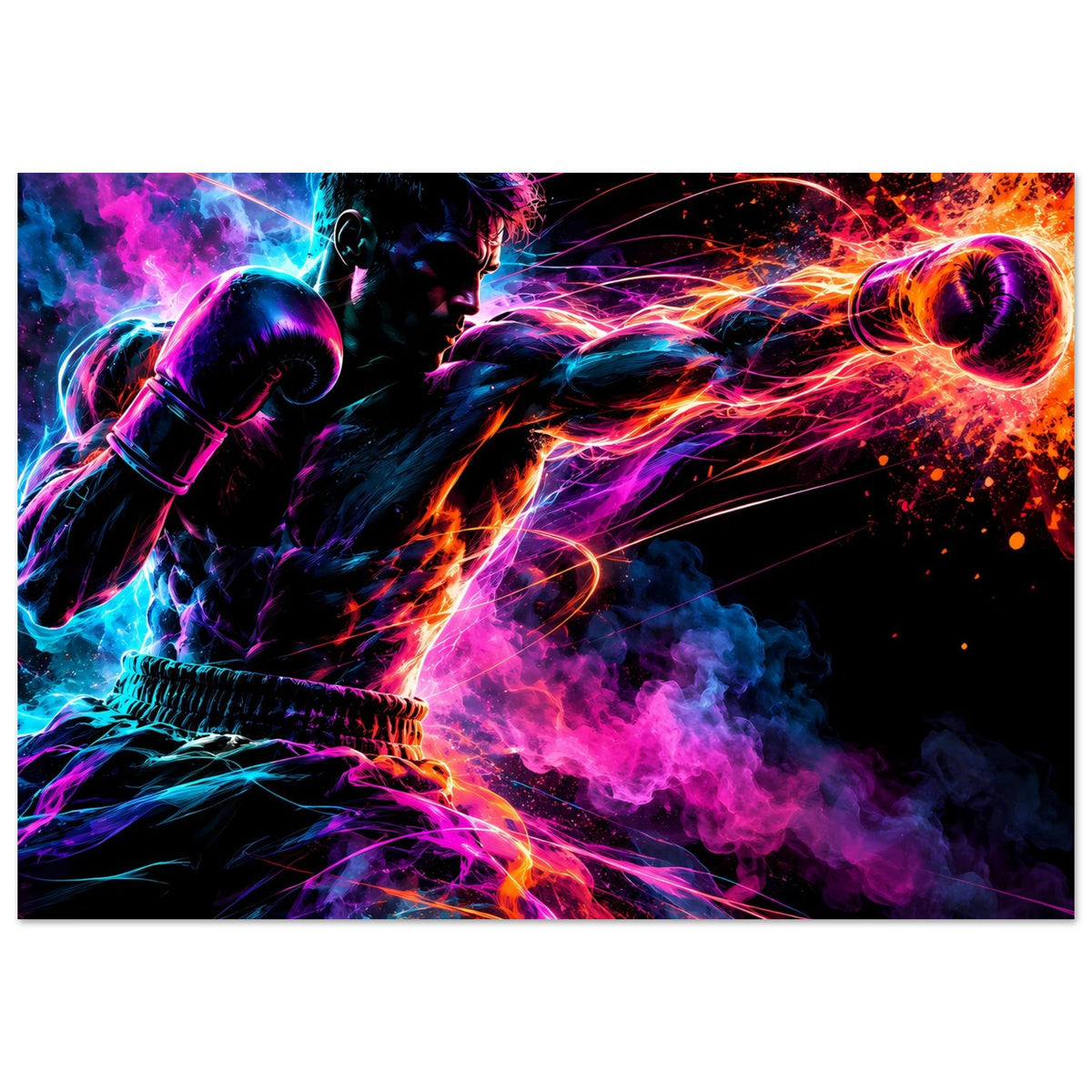 Neon-Boxer-Poster im Querformat mit schwarzem Rand: dynamischer Boxer mit leuchtenden Fäusten.