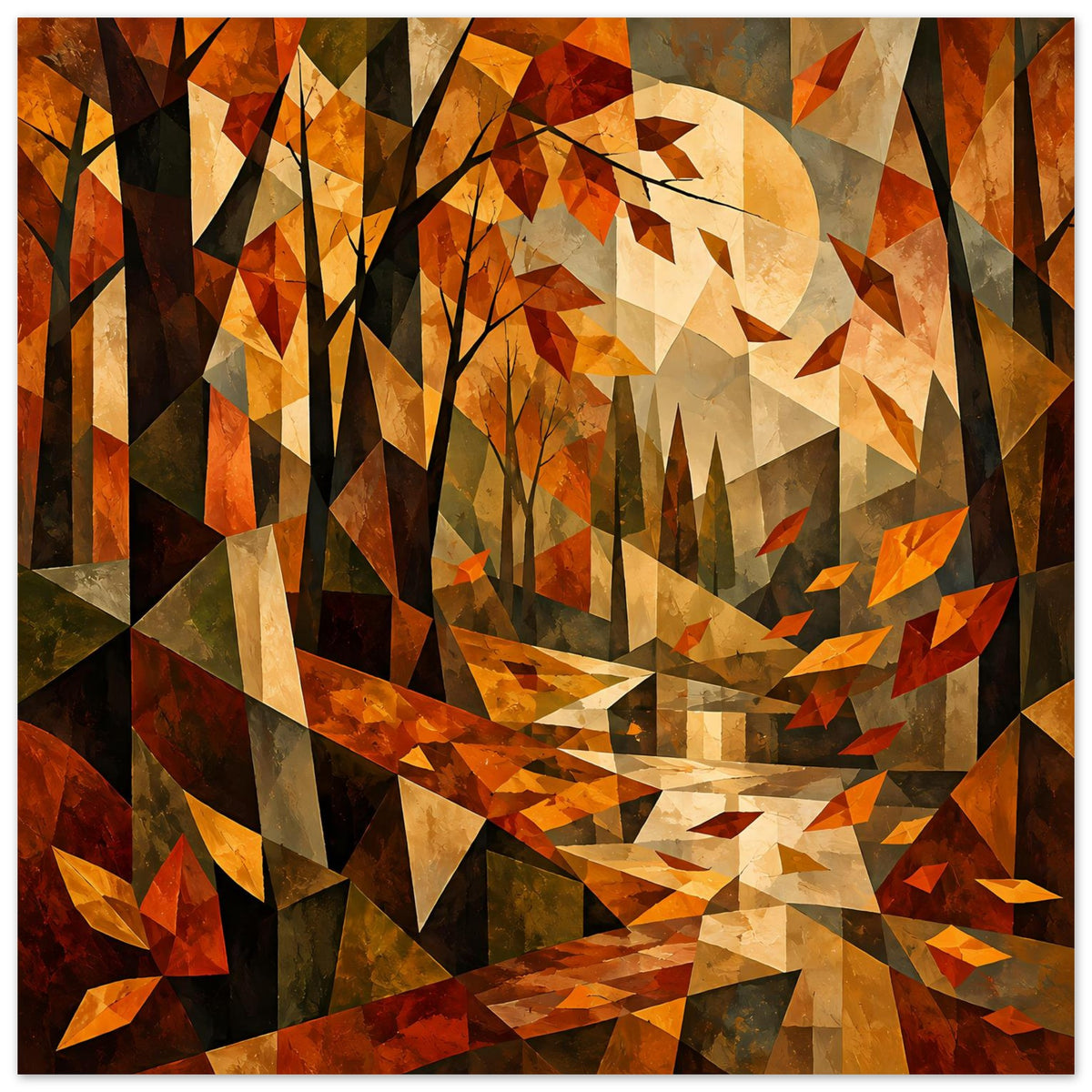 Herbstlandschafts-Poster im Kubismus-Stil: geometrische Bäume, goldene Mondsichel, Herbstlandschaft