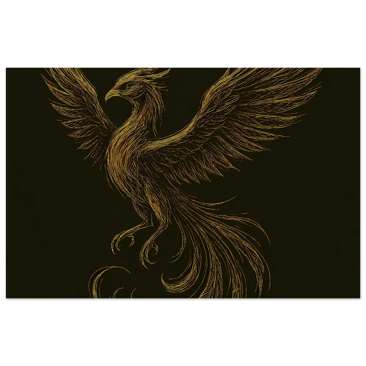 Breites Poster mit goldenem Phönix und ausgebreiteten Flügeln auf dunklem Grund