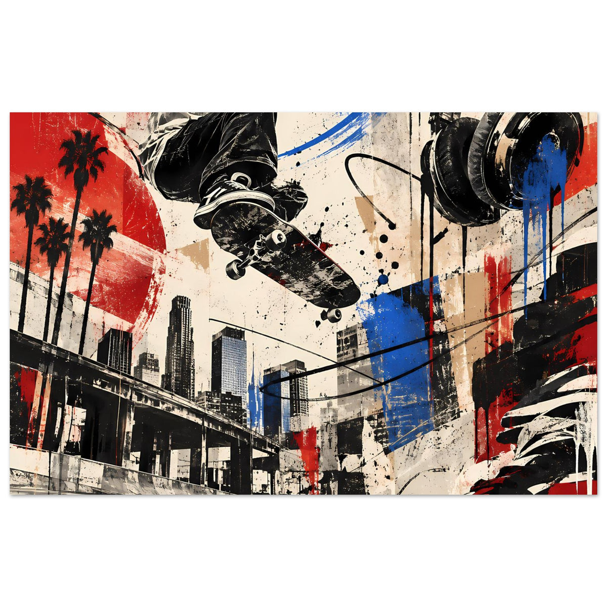 Urban-Skateboard-Vibes-Poster mit Skateboarder in Schwarz, Graffiti-Stadt, Rot-Blau-Schwarz, quer