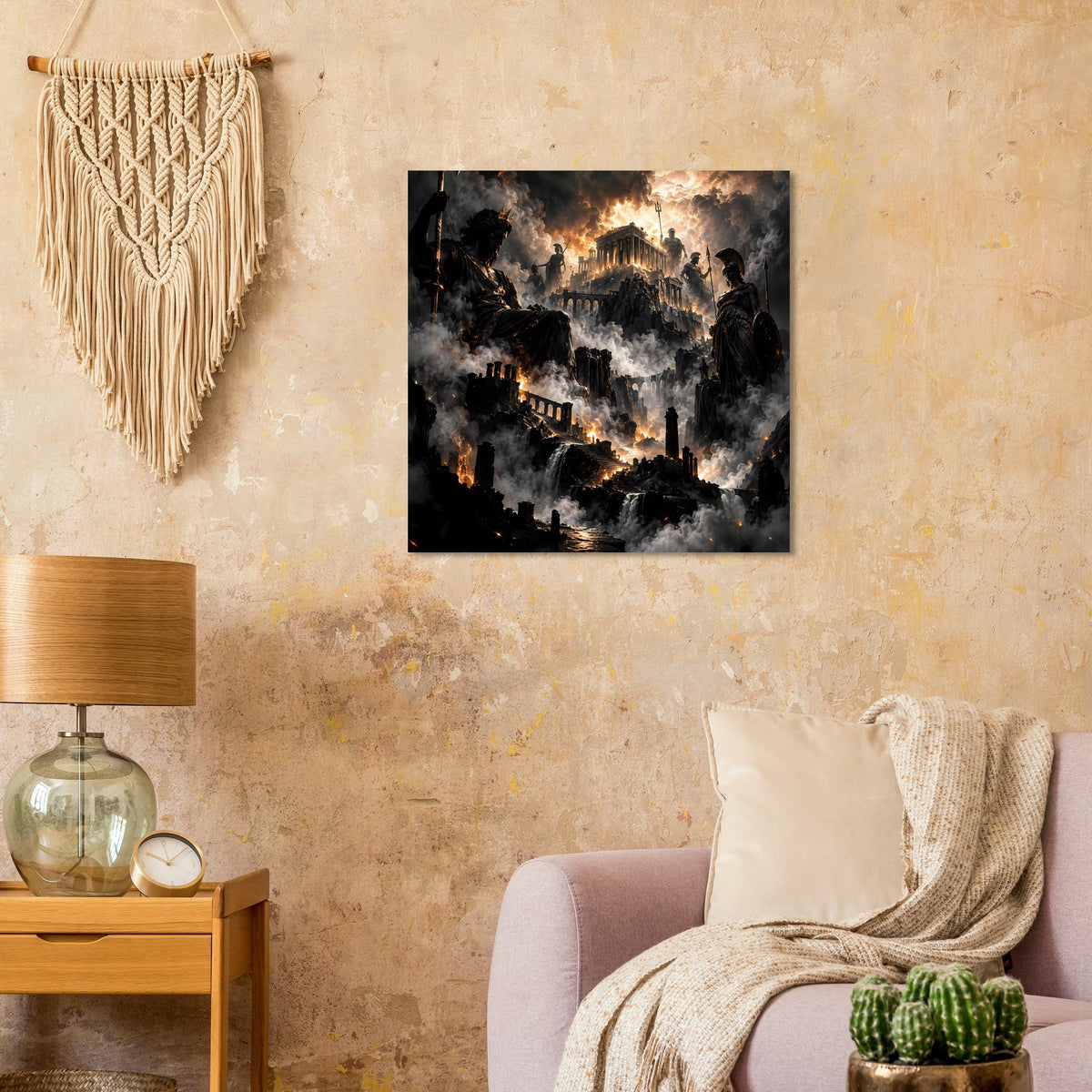 Gerahmtes Poster mit brennender Burglandschaft, Rauch und Feuerlicht, quadratisch