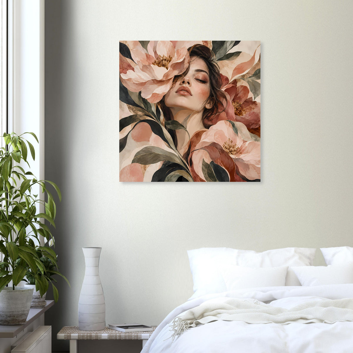 Blumenposter mit Blütenportrait einer Frau, warmes Farbspektrum, quadratische Ansicht
