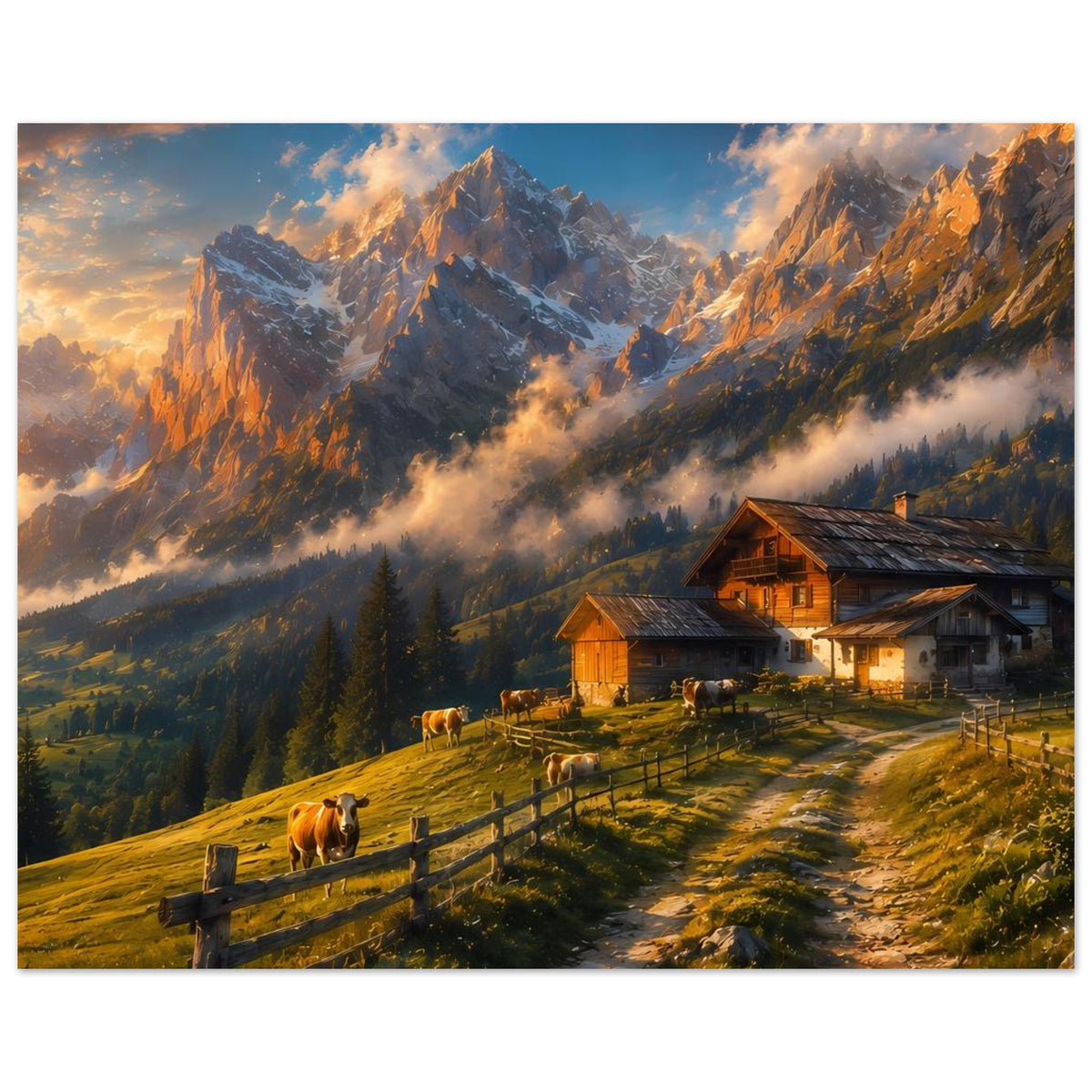 Poster mit Almhütte, Kühen auf dem Hügelweg, Bergkette und goldenen Wolken