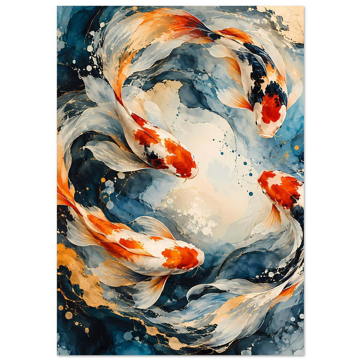 Kunstposter mit drei Koi-Fischen im Wasserschwirl, Blau, Orange und Weiß, gerahmt