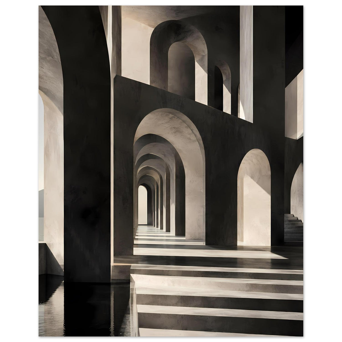 Architekturposter zeigt Korridor mit Rundbögen, hohen Wänden und gestuften Linien