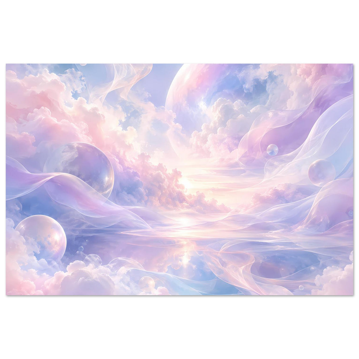 Horizontales Poster mit pastellfarbenem Wolkenmeer, großen schwebenden Kugeln und Lichtstrahl