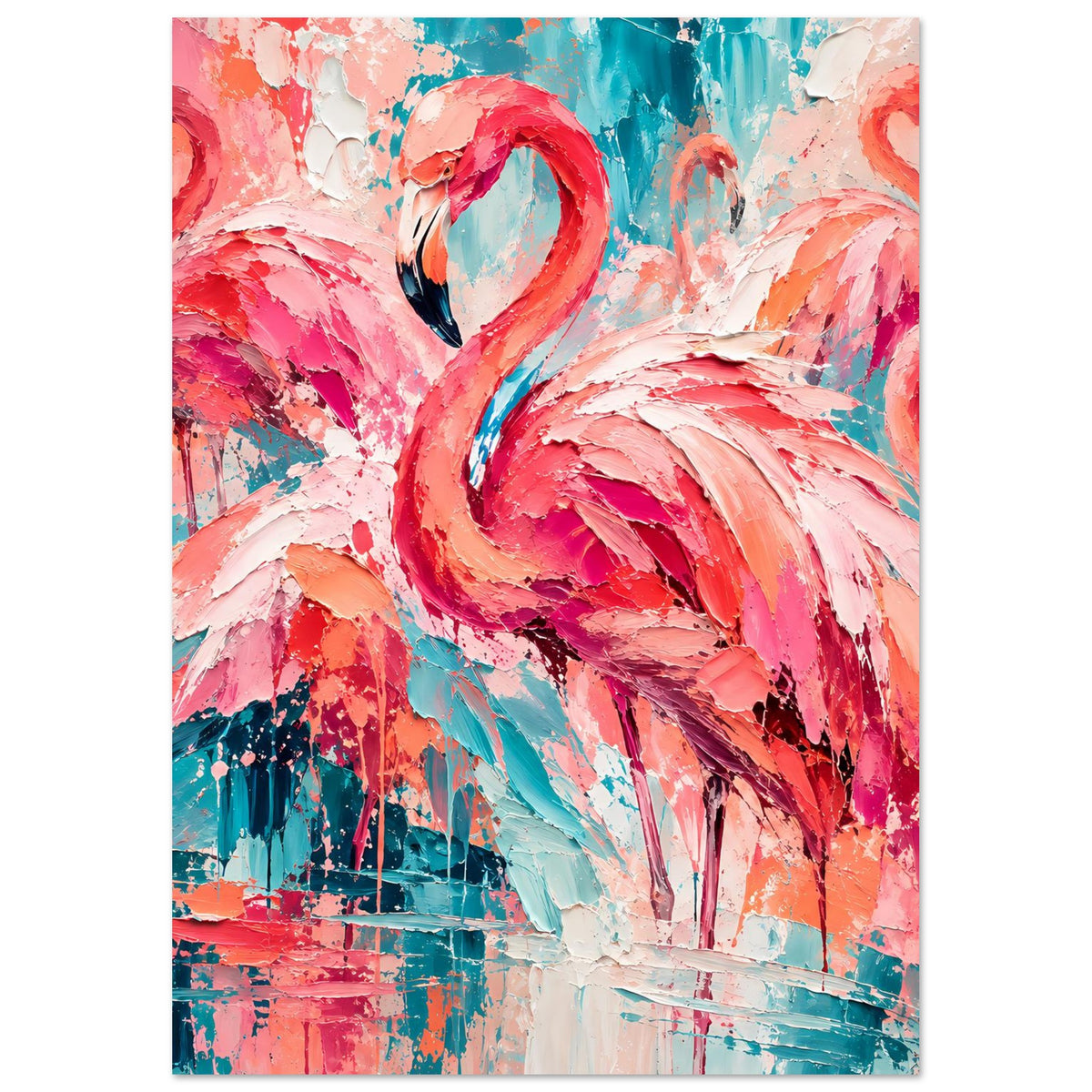 Hochformatiges Flamingo-Poster mit zwei Flamingos in Pink und Türkis, starke Farbflächen